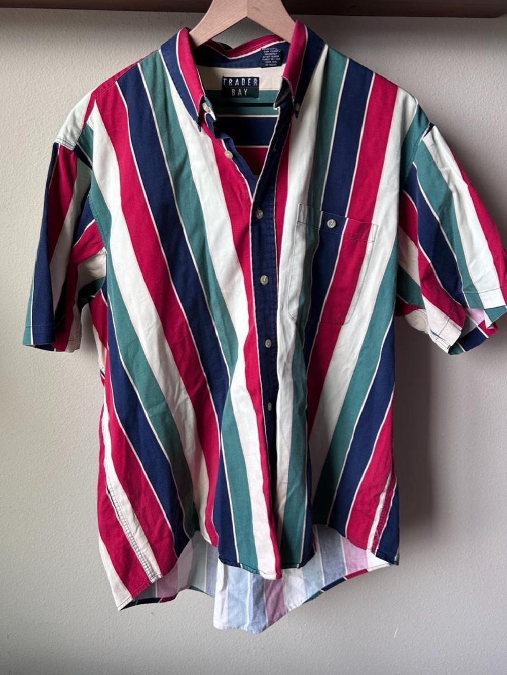 Vintage Skater Trader Bay Men’s Striped Button-Down Shirt - Red, Navy & Green XL